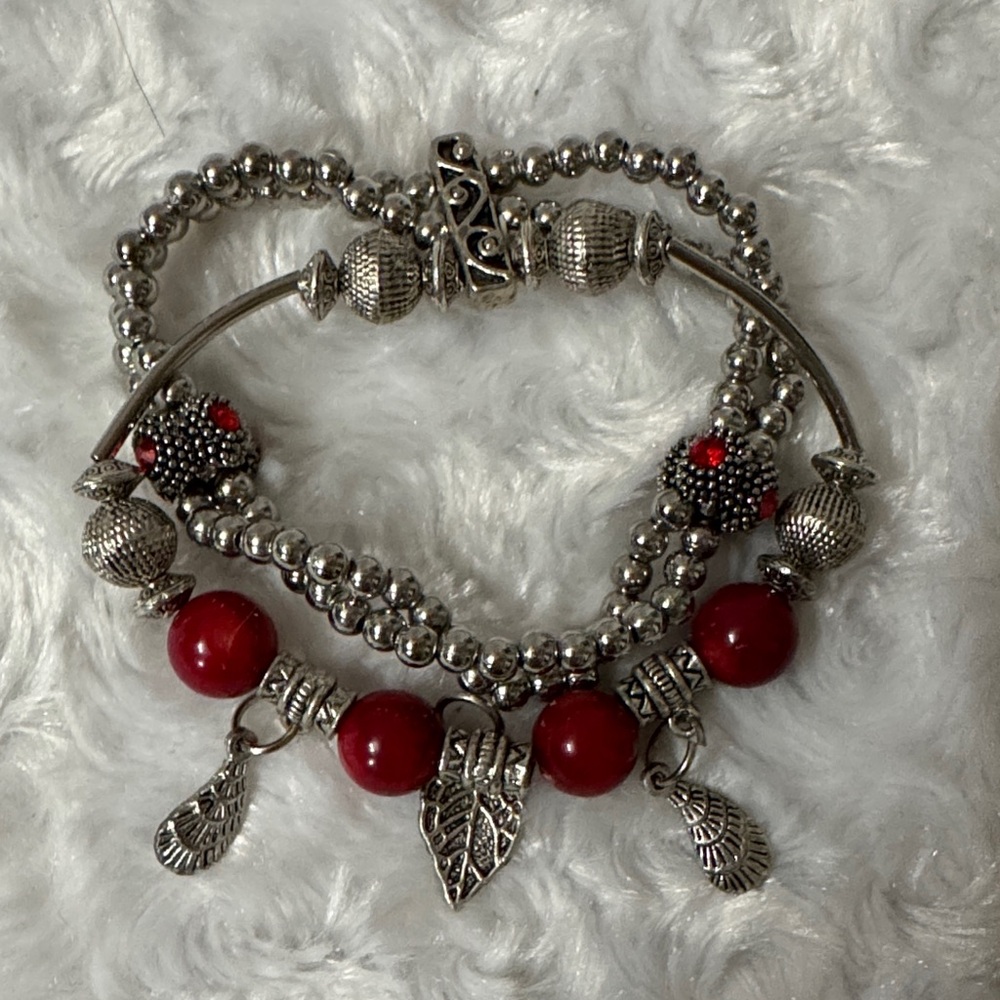 Silver and Red Beaded Bracelet Set